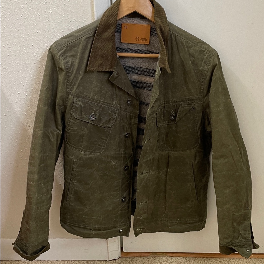 Taylor Stitch Olive Green Waxed Trucker Jacket